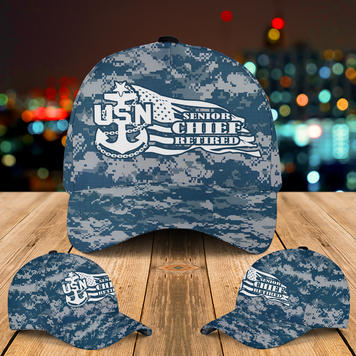US Navy Senior Chief Retired Distressed American Flag Baseball Cap