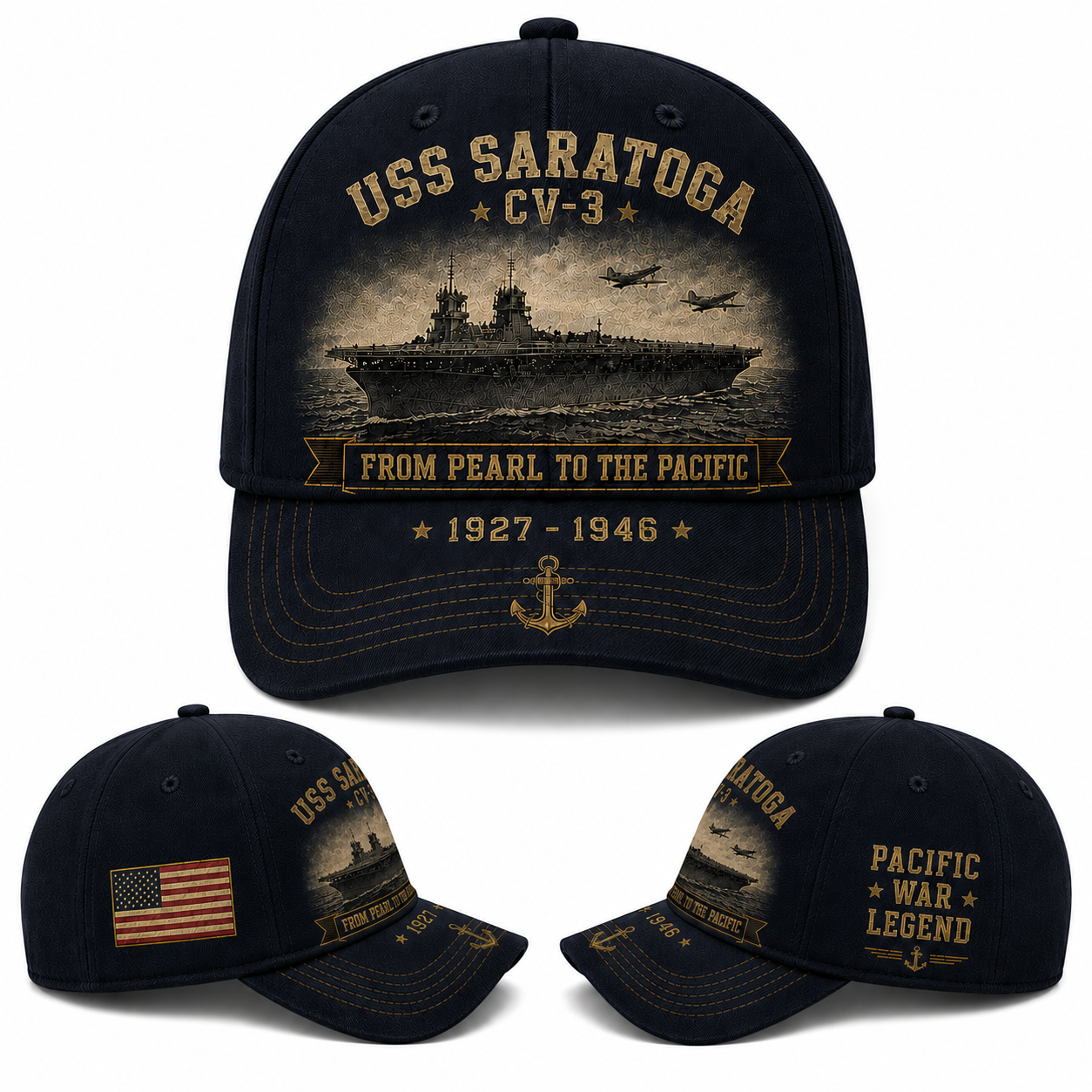 USS Saratoga CV-3 Baseball Cap From Pearl To The Pacific WWII Navy Hat