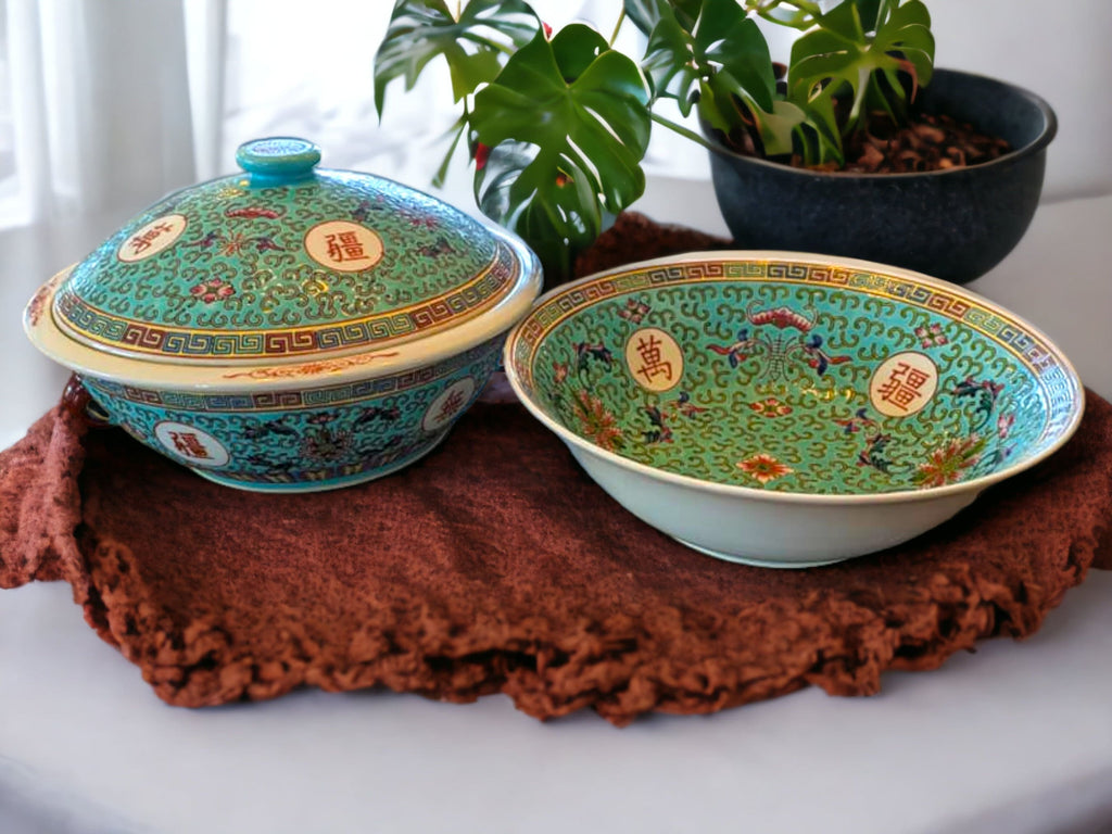 Jingdezhen Mun Shou Turquoise Famille Rose Chinese Dinnerware: Plates, Tureen, Dipping Dishes