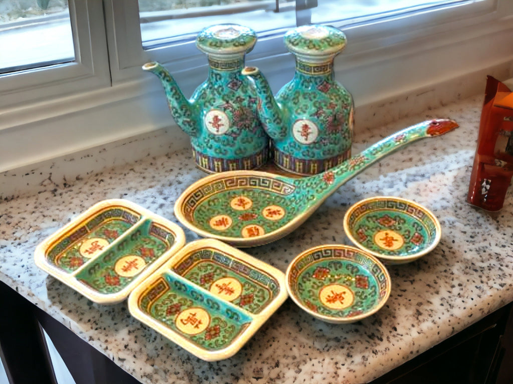 Jingdezhen Mun Shou Turquoise Famille Rose Chinese Dinnerware: Plates, Tureen, Dipping Dishes
