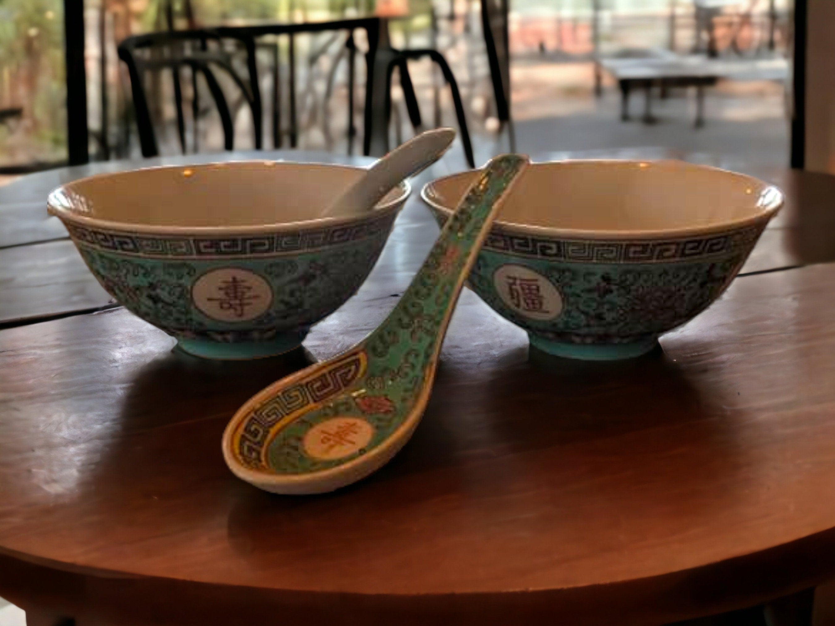 Jingdezhen Mun Shou Turquoise Famille Rose Chinese Dinnerware: Plates, Tureen, Dipping Dishes
