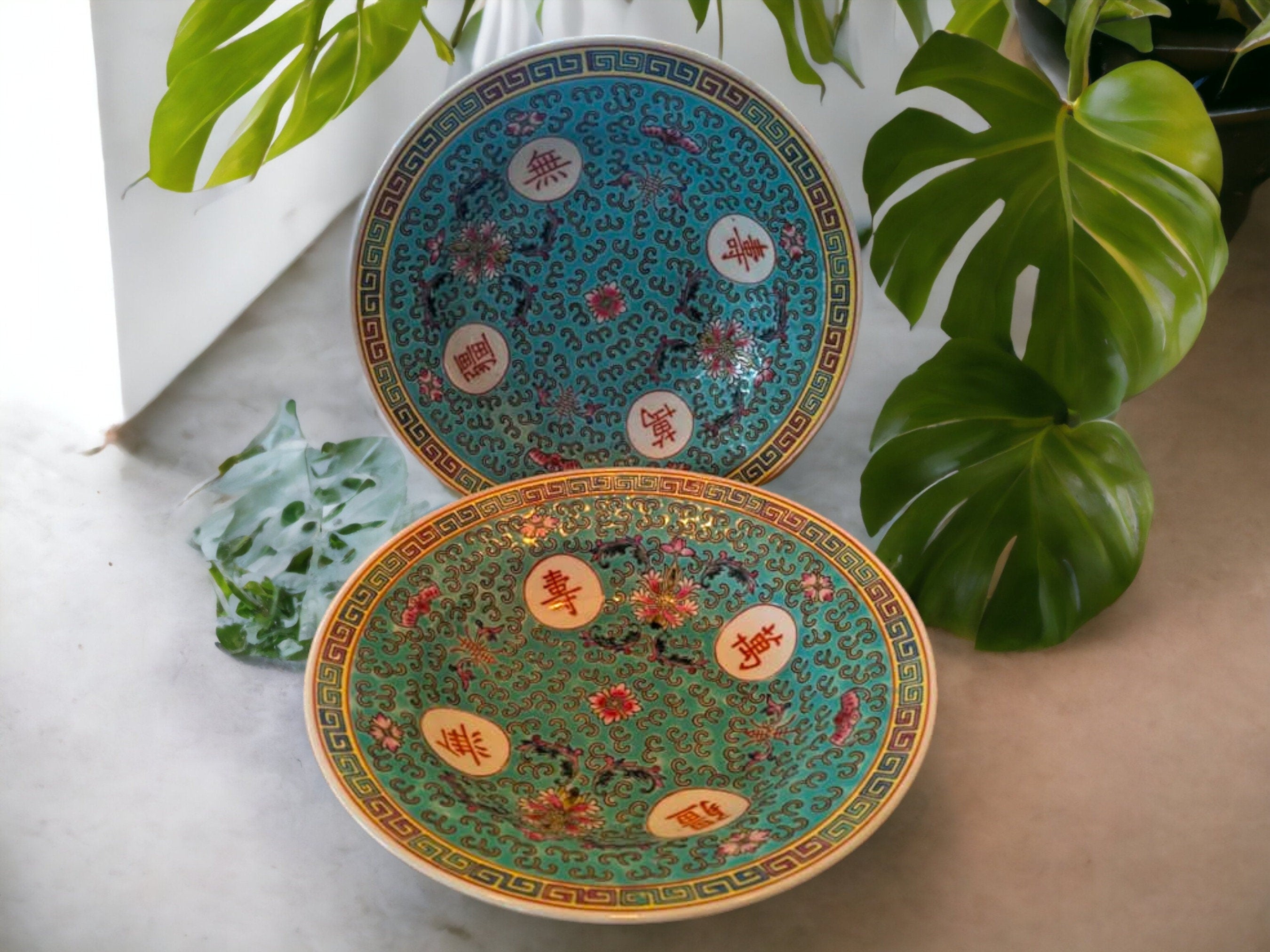 Jingdezhen Mun Shou Turquoise Famille Rose Chinese Dinnerware: Plates, Tureen, Dipping Dishes