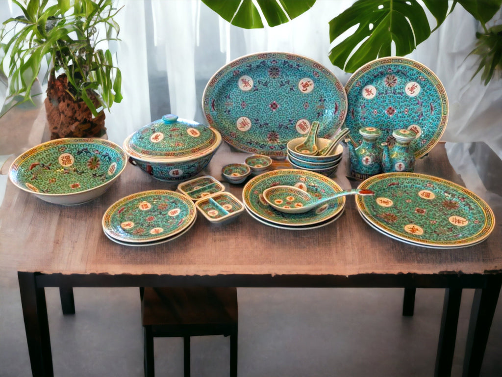 Jingdezhen Mun Shou Turquoise Famille Rose Chinese Dinnerware: Plates, Tureen, Dipping Dishes