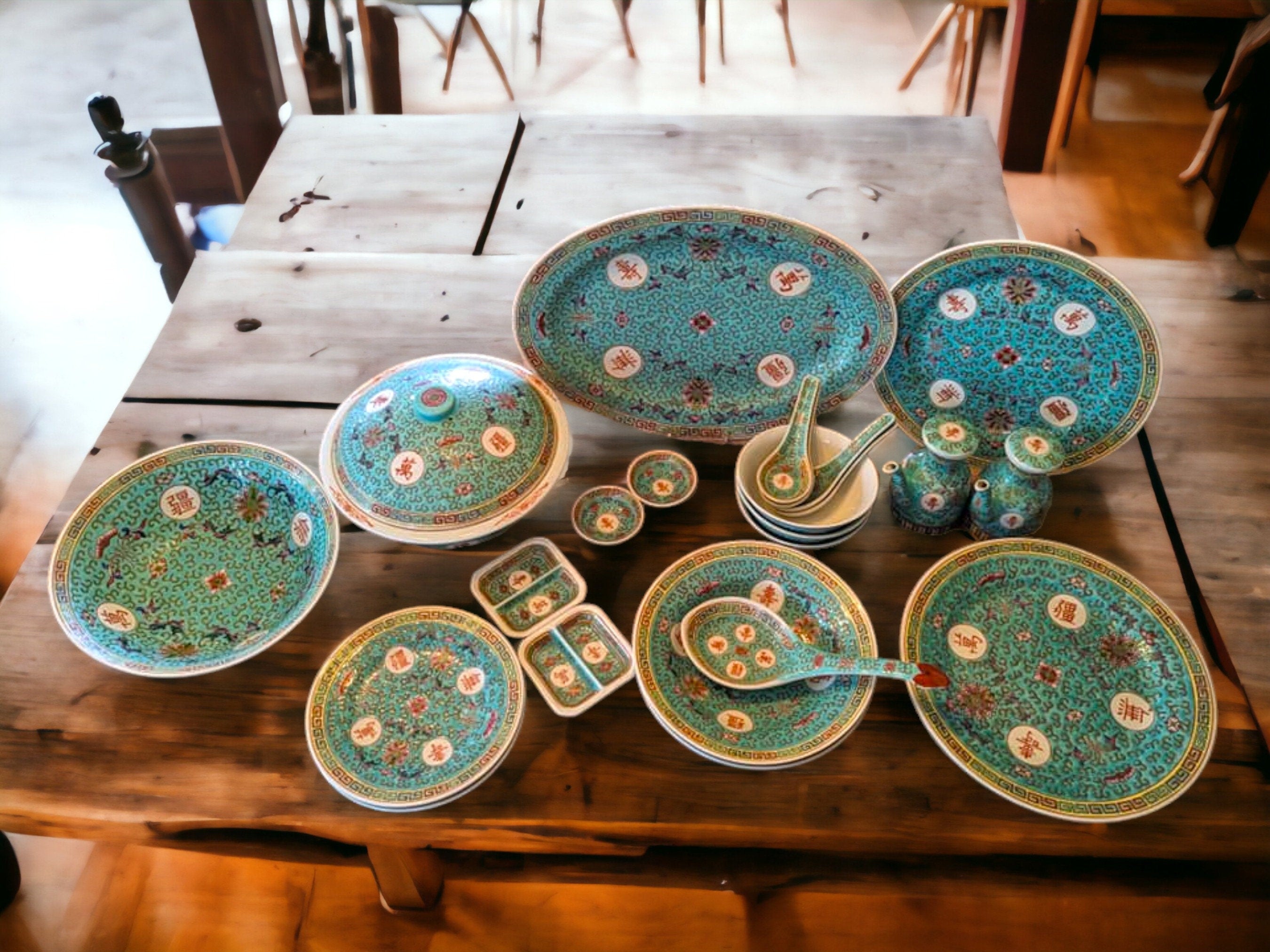 Jingdezhen Mun Shou Turquoise Famille Rose Chinese Dinnerware: Plates, Tureen, Dipping Dishes