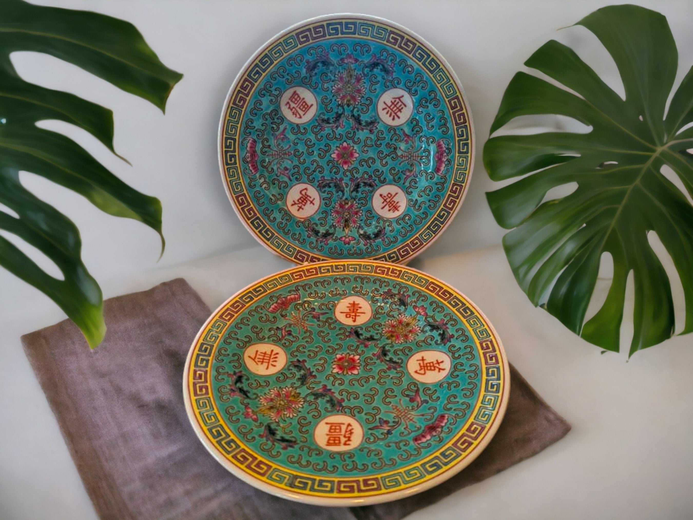 Jingdezhen Mun Shou Turquoise Famille Rose Chinese Dinnerware: Plates, Tureen, Dipping Dishes