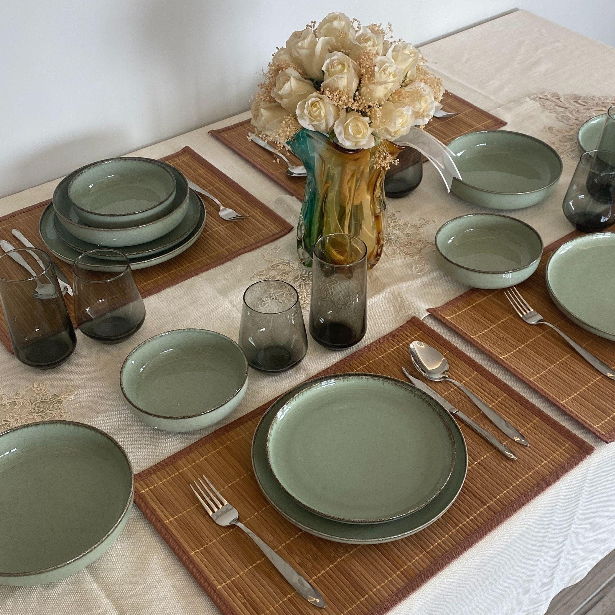 Green Porcelain Dinnerware Set: Table Setting For 1-12 Persons