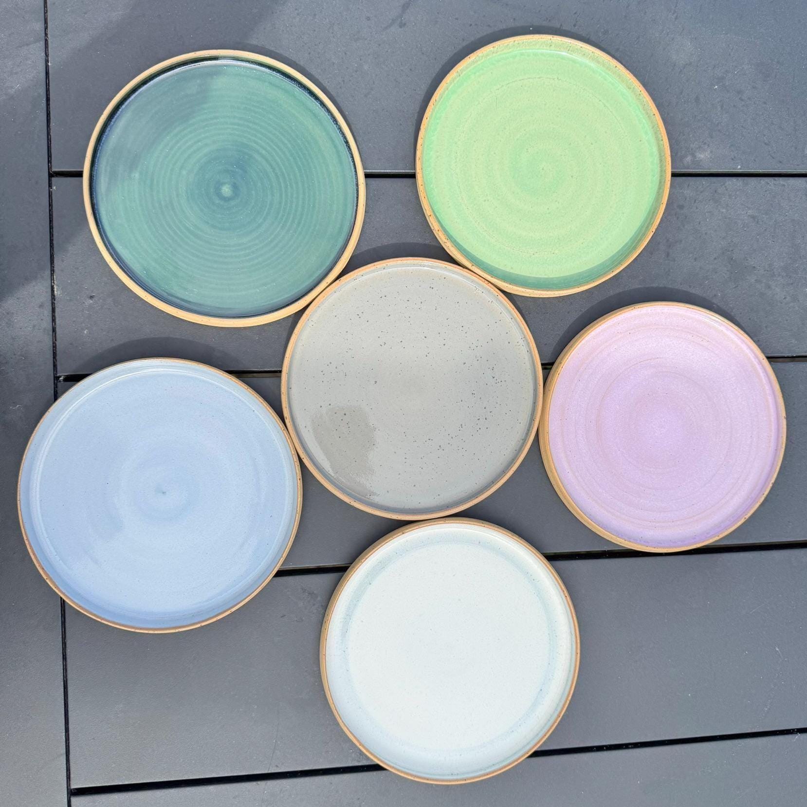Handmade Thrown Speckled Stoneware Dinner Service, Plates And Bowls, Glazed In Soft Gem Shades, Unique, Organic And Beautiful! Made To Order