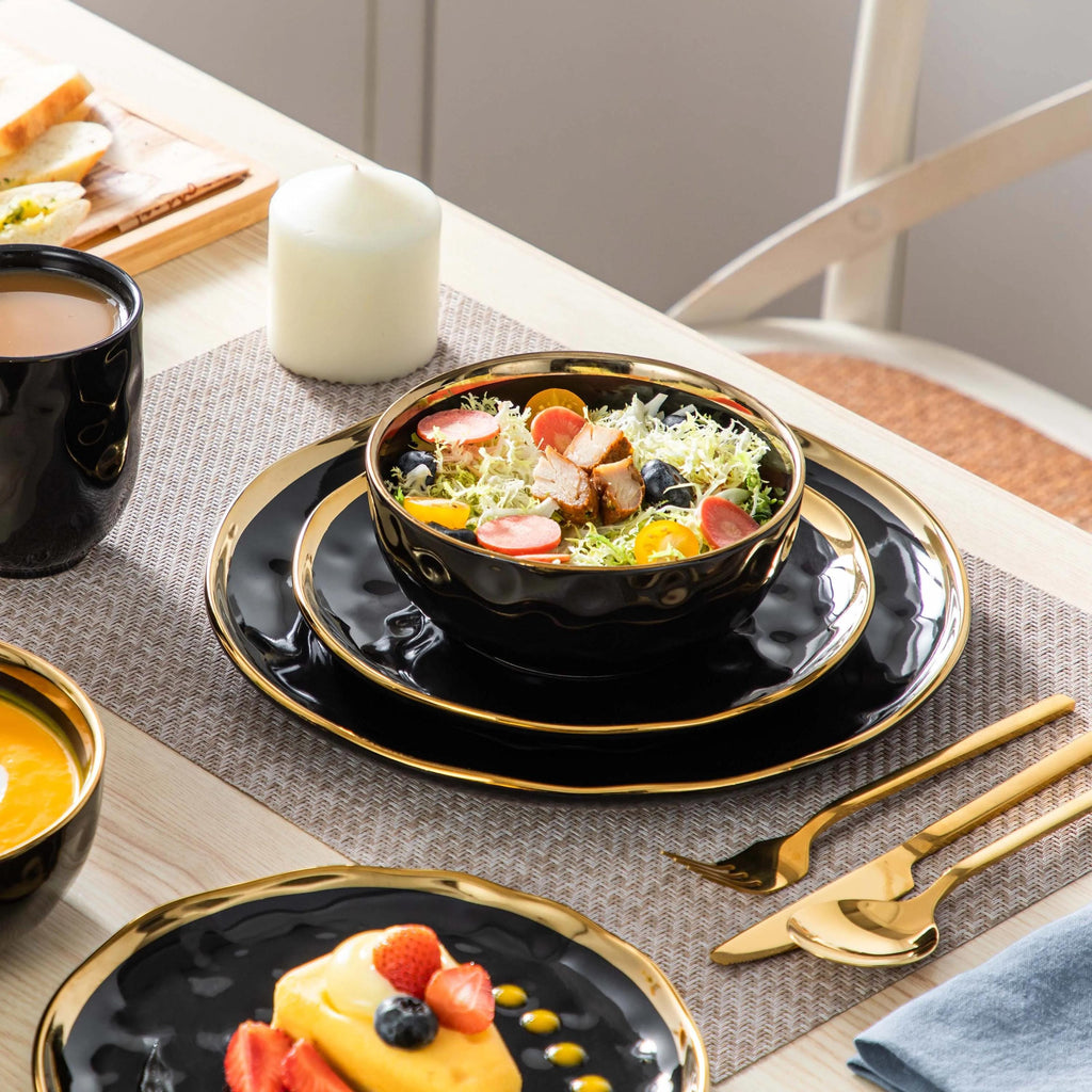 Gold Rim Black Porcelain Dinnerware Set – Modern 16/32/48 Piece Tableware