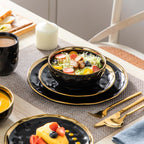 Gold Rim Black Porcelain Dinnerware Set – Modern 16/32/48 Piece Tableware