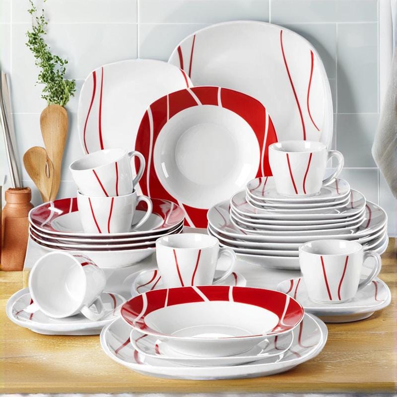 Red Striped Porcelain Dinnerware Set – 30/60 Pcs Plates & Cups
