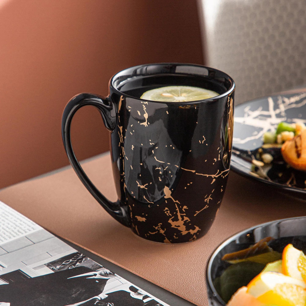 Black Porcelain Dinnerware Set With Gold Splash – 16/32/48 Pcs Plates, Bowls & Cups
