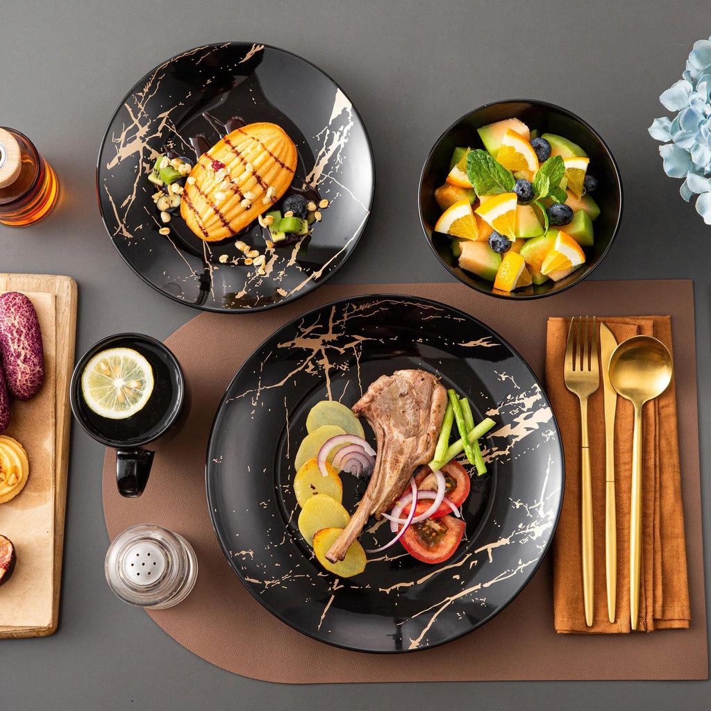 Black Porcelain Dinnerware Set With Gold Splash – 16/32/48 Pcs Plates, Bowls & Cups