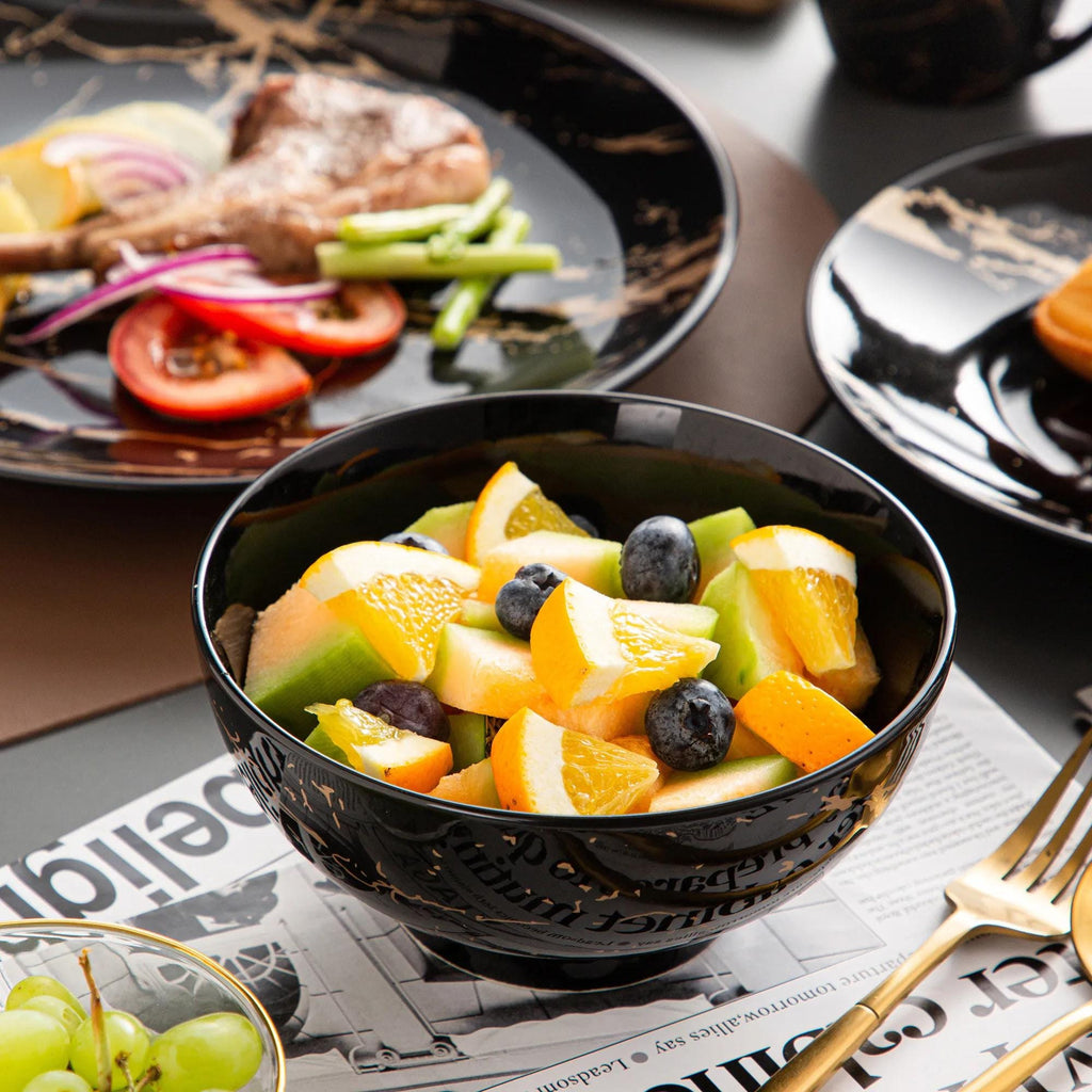 Black Porcelain Dinnerware Set With Gold Splash – 16/32/48 Pcs Plates, Bowls & Cups