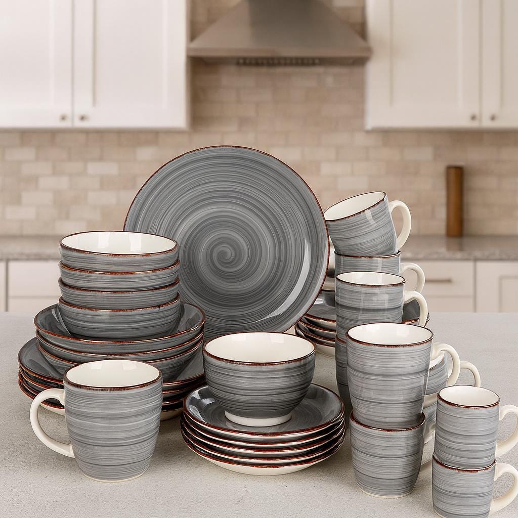 Grey Porcelain Dinnerware Set – 16/32/48 Pc Vintage Plates, Bowls & Mugs
