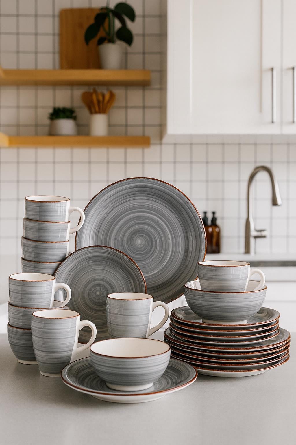 Grey Porcelain Dinnerware Set – 16/32/48 Pc Vintage Plates, Bowls & Mugs
