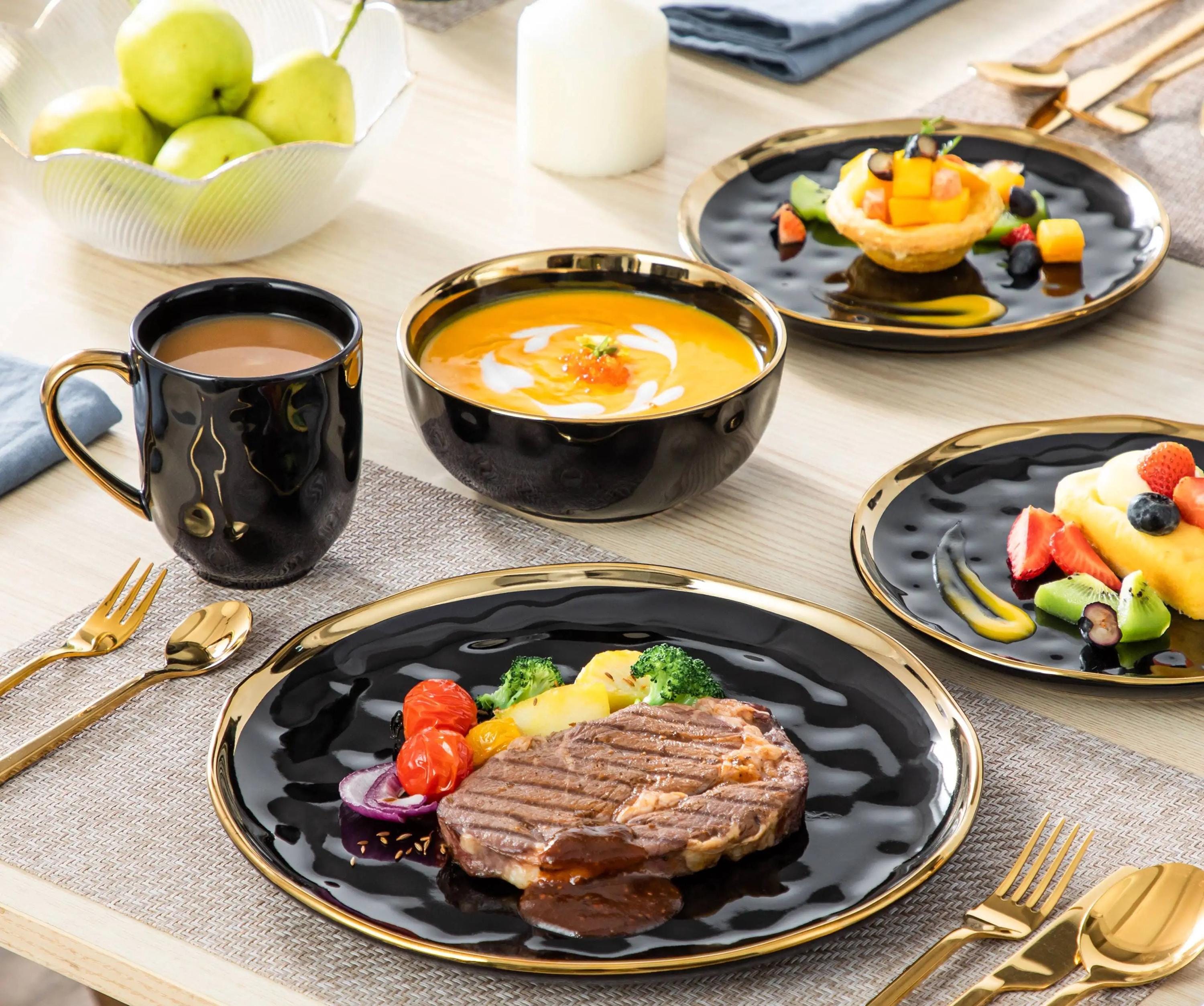 Gold Rim Black Porcelain Dinnerware Set – Modern 16/32/48 Piece Tableware