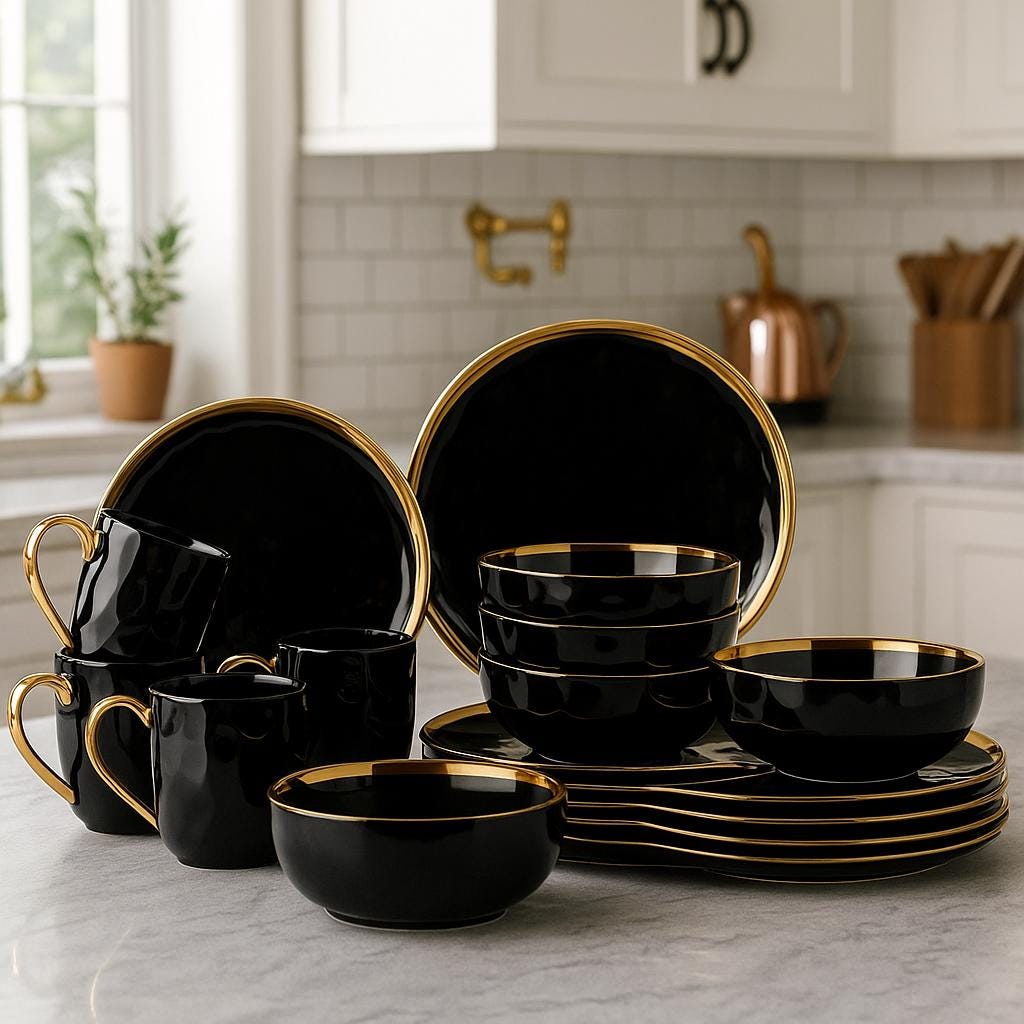 Gold Rim Black Porcelain Dinnerware Set – Modern 16/32/48 Piece Tableware