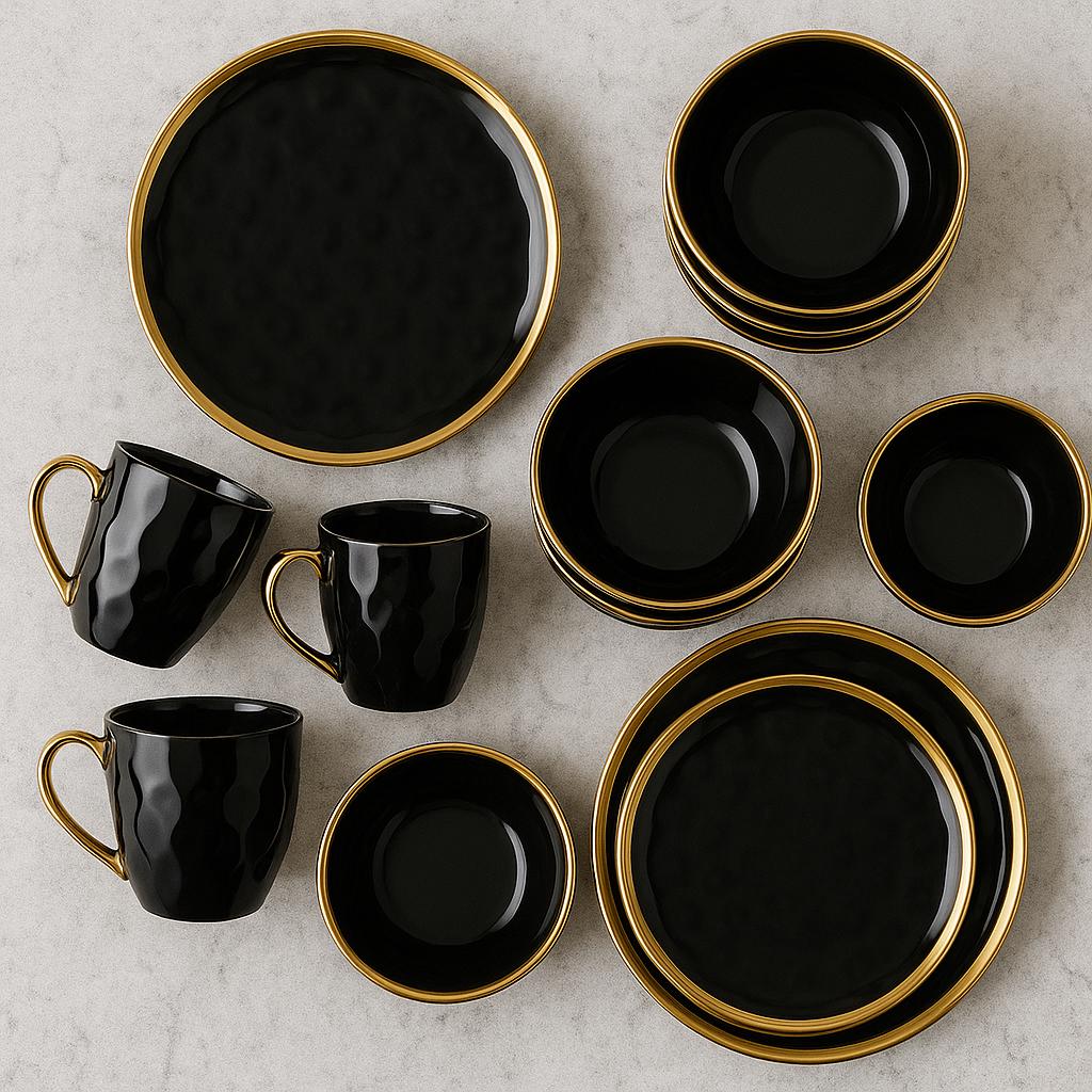 Gold Rim Black Porcelain Dinnerware Set – Modern 16/32/48 Piece Tableware