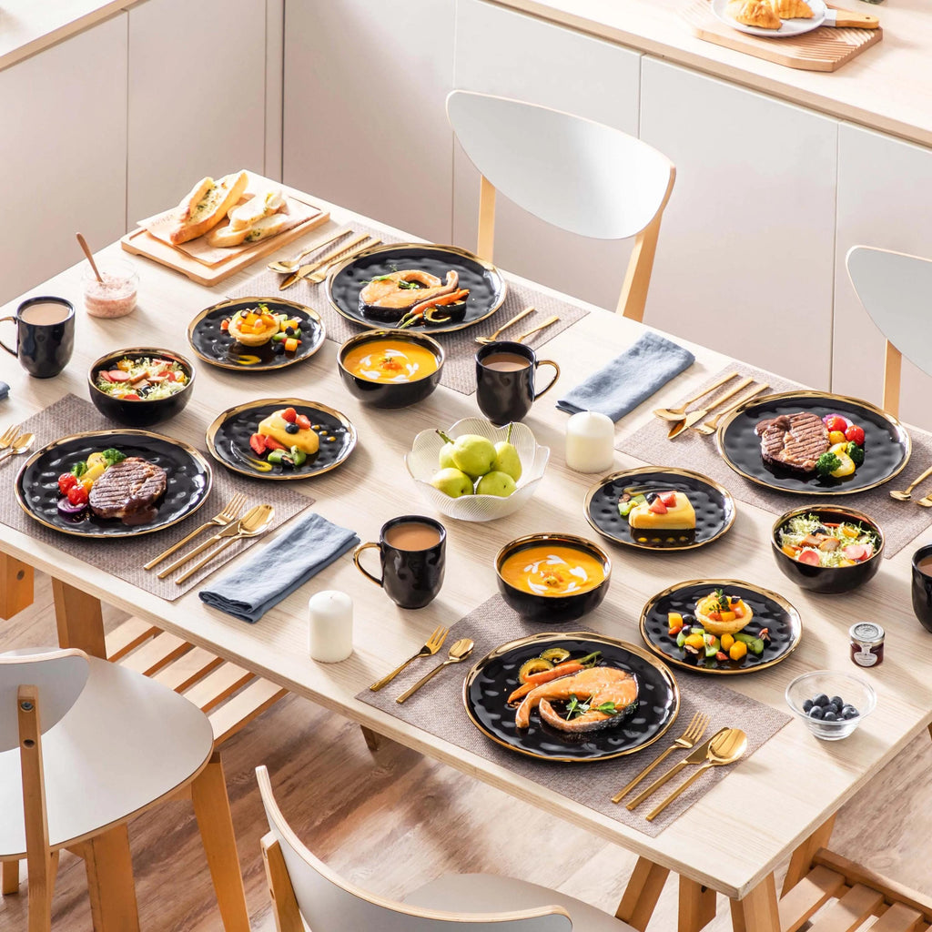 Gold Rim Black Porcelain Dinnerware Set – Modern 16/32/48 Piece Tableware