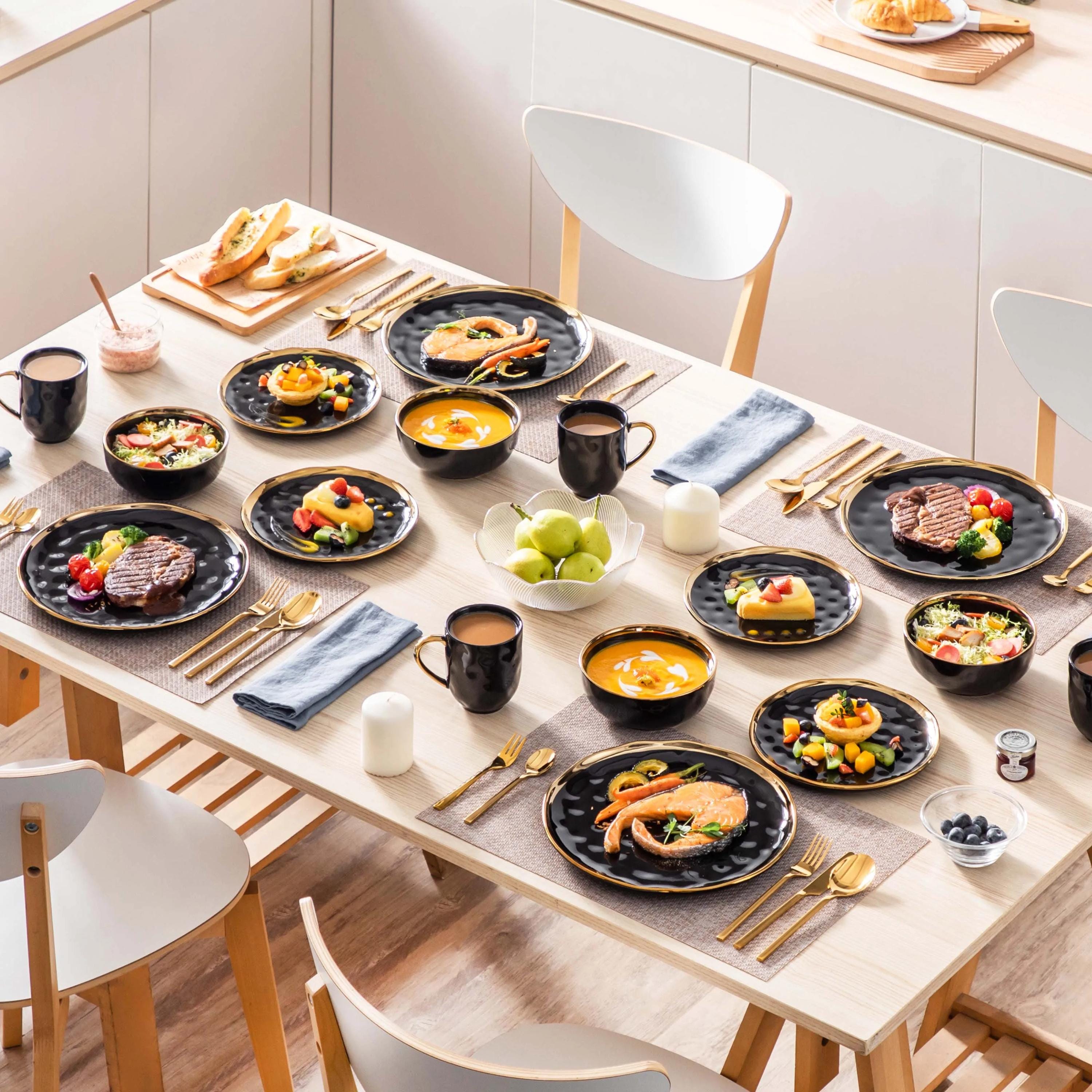 Gold Rim Black Porcelain Dinnerware Set – Modern 16/32/48 Piece Tableware