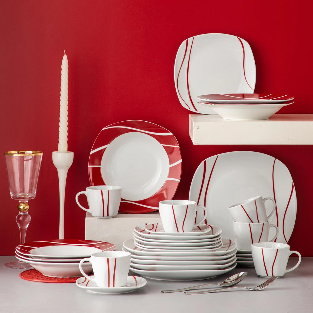 Red Striped Porcelain Dinnerware Set – 30/60 Pcs Plates & Cups