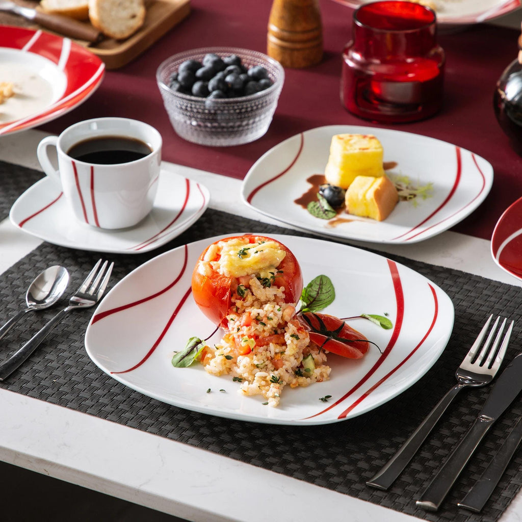 Red Striped Porcelain Dinnerware Set – 30/60 Pcs Plates & Cups