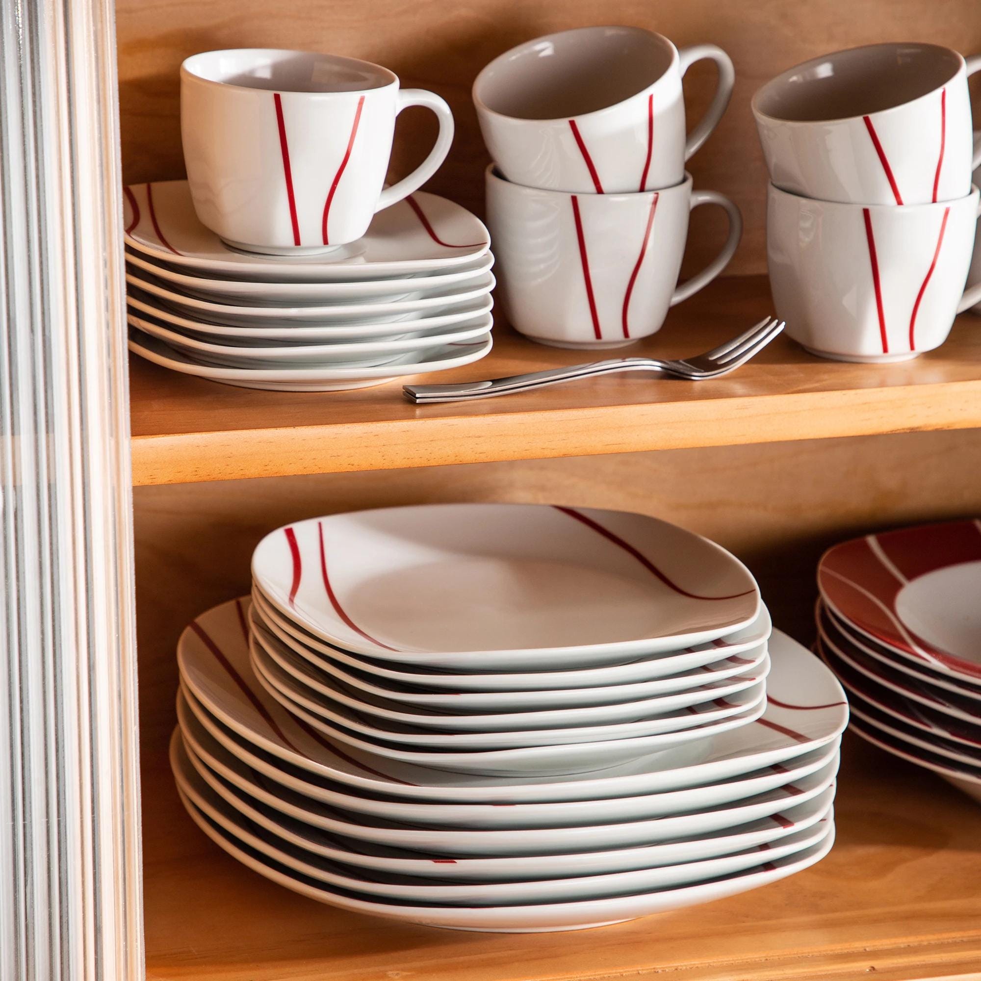 Red Striped Porcelain Dinnerware Set – 30/60 Pcs Plates & Cups