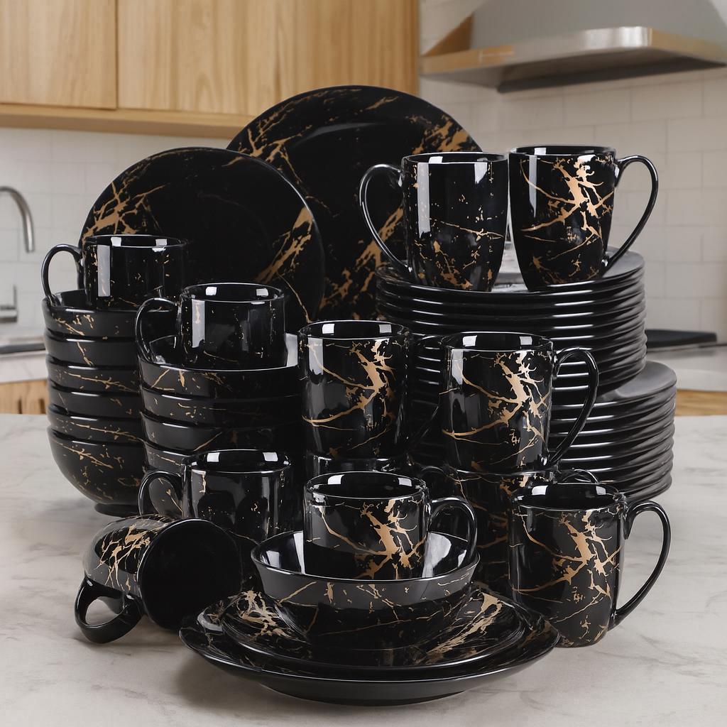 Black Porcelain Dinnerware Set With Gold Splash – 16/32/48 Pcs Plates, Bowls & Cups