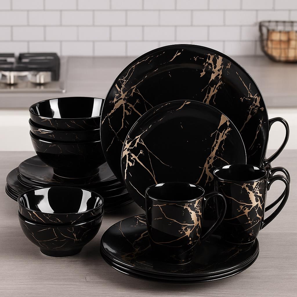 Black Porcelain Dinnerware Set With Gold Splash – 16/32/48 Pcs Plates, Bowls & Cups