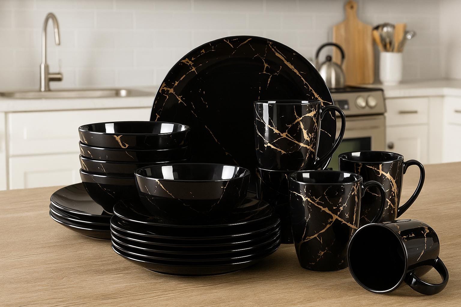 Black Porcelain Dinnerware Set With Gold Splash – 16/32/48 Pcs Plates, Bowls & Cups