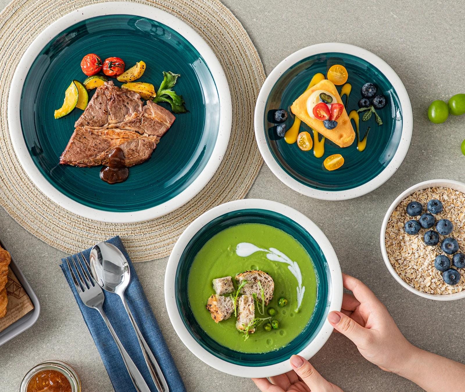 Green and White Stoneware Dinnerware Set – 16/32/48 Pc Plates & Bowls