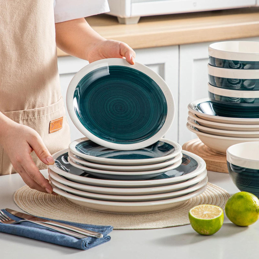 Green and White Stoneware Dinnerware Set – 16/32/48 Pc Plates & Bowls