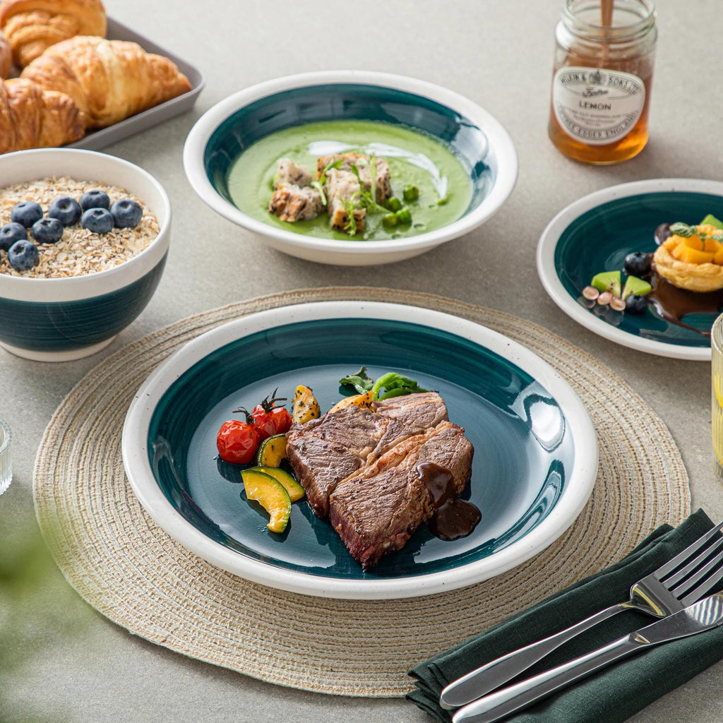 Green and White Stoneware Dinnerware Set – 16/32/48 Pc Plates & Bowls