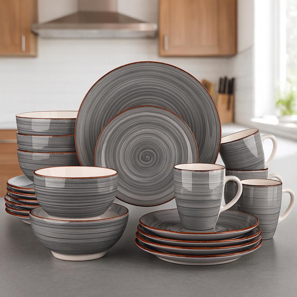 Grey Porcelain Dinnerware Set – 16/32/48 Pc Vintage Plates, Bowls & Mugs