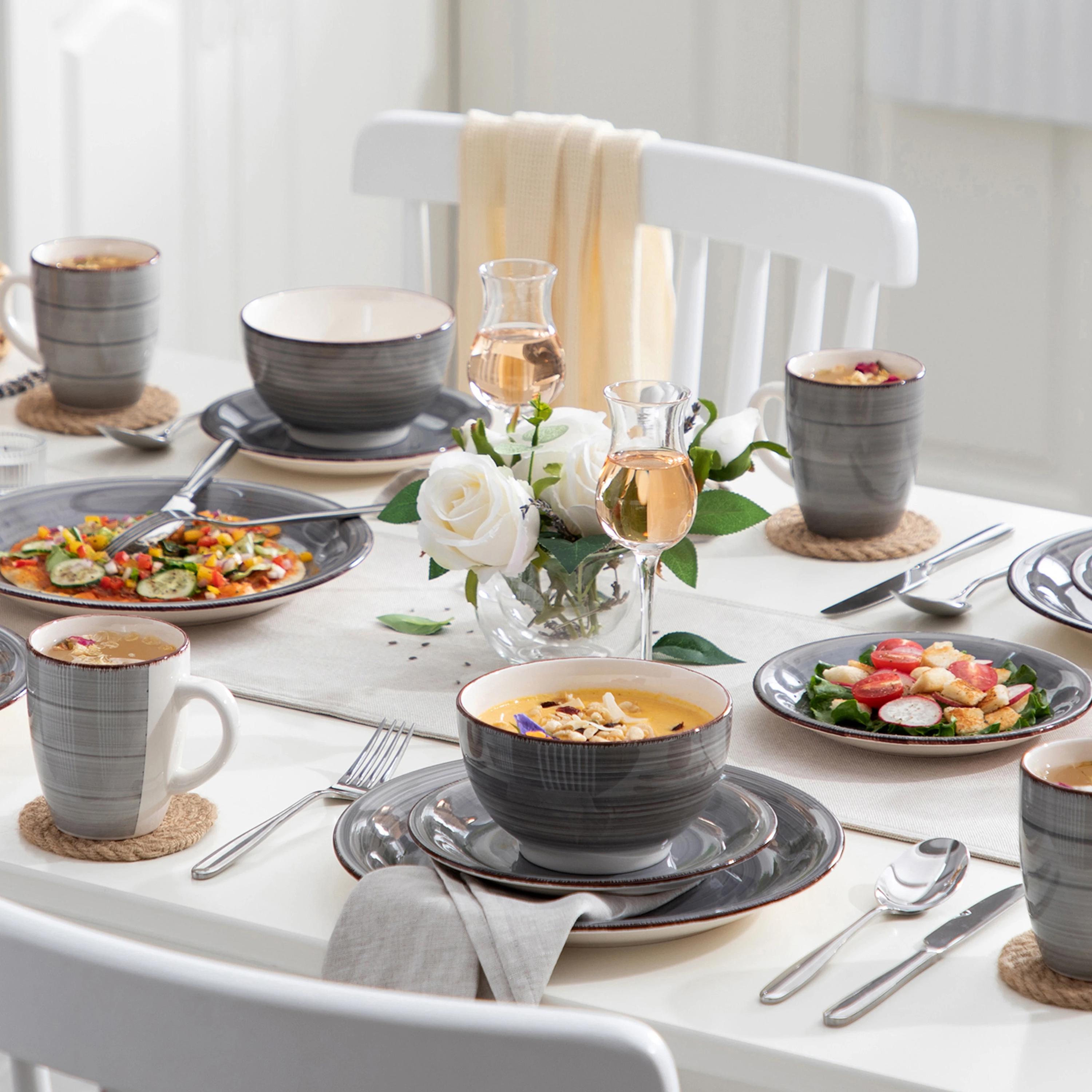 Grey Porcelain Dinnerware Set – 16/32/48 Pc Vintage Plates, Bowls & Mugs