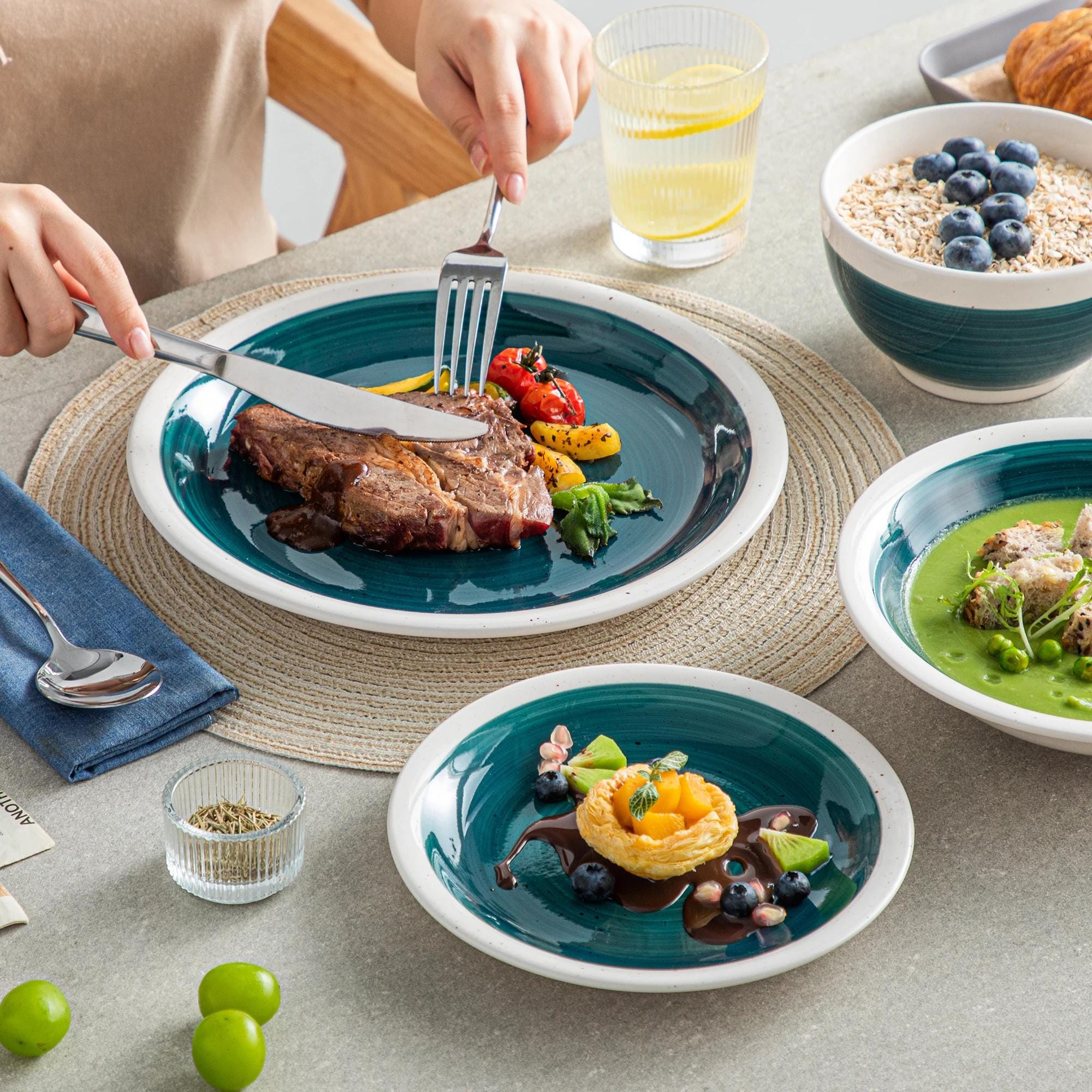 Green and White Stoneware Dinnerware Set – 16/32/48 Pc Plates & Bowls
