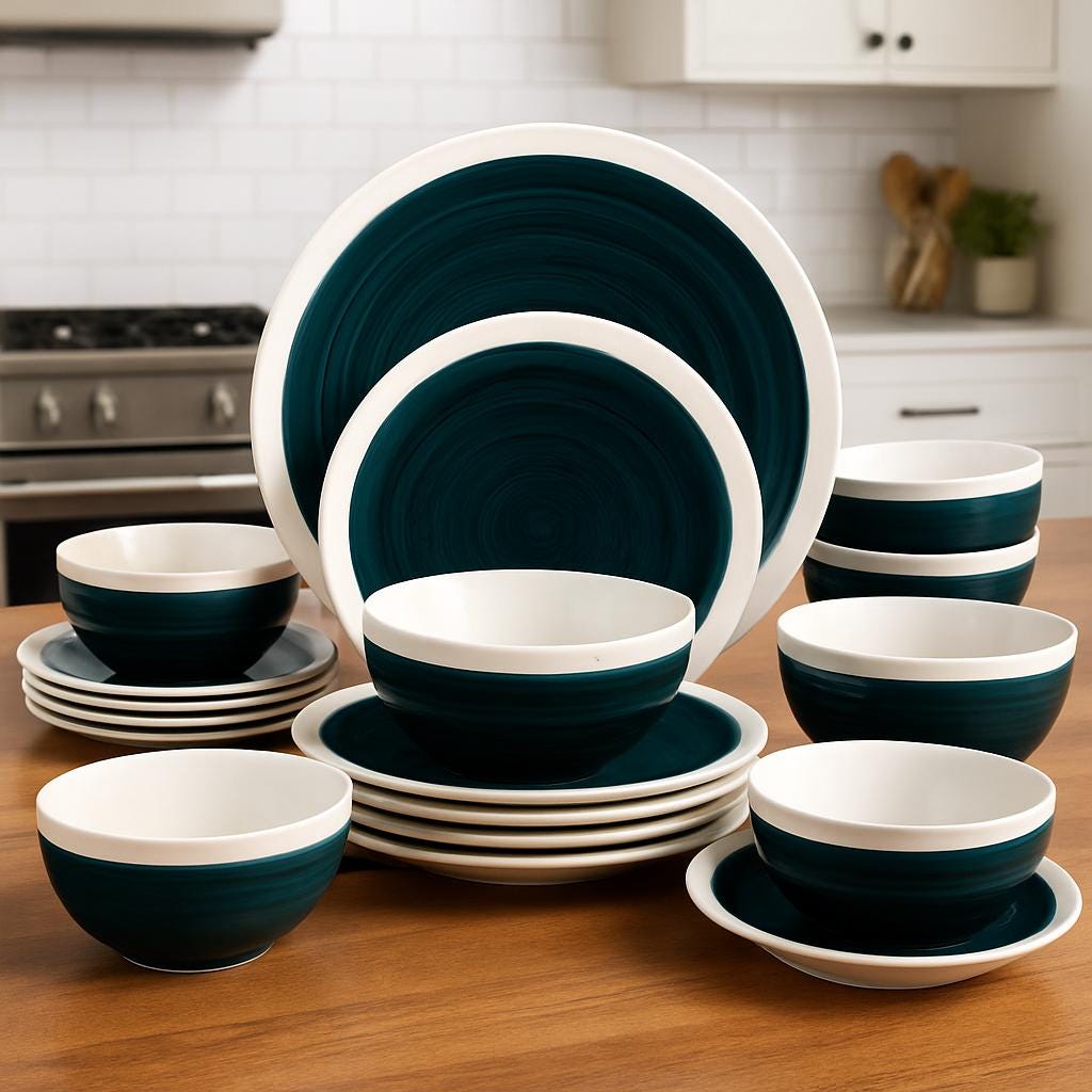 Green and White Stoneware Dinnerware Set – 16/32/48 Pc Plates & Bowls