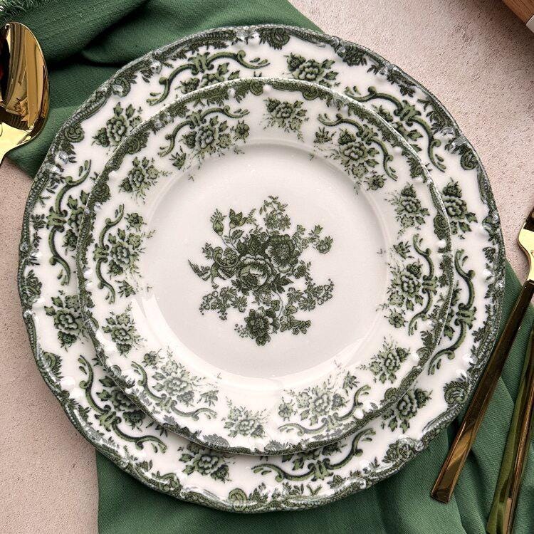 Porcelain Dinnerware Set Antique Green 24-piece | 6 Person Premium Floral Plates & Bowls