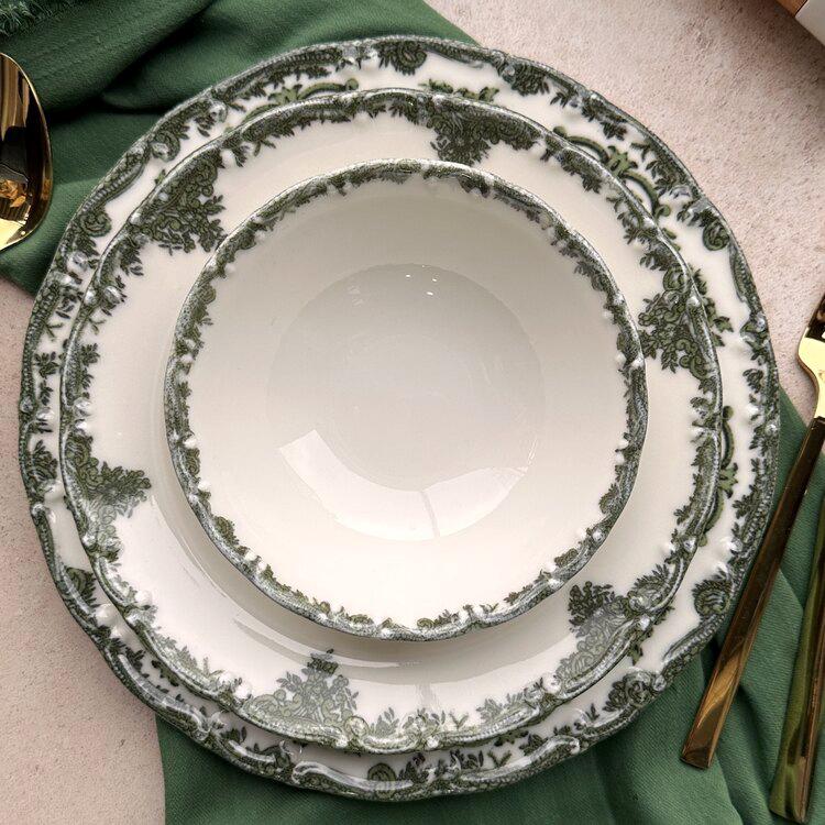 Porcelain Dinnerware Set Antique Green 24-piece | 6 Person Premium Floral Plates & Bowls
