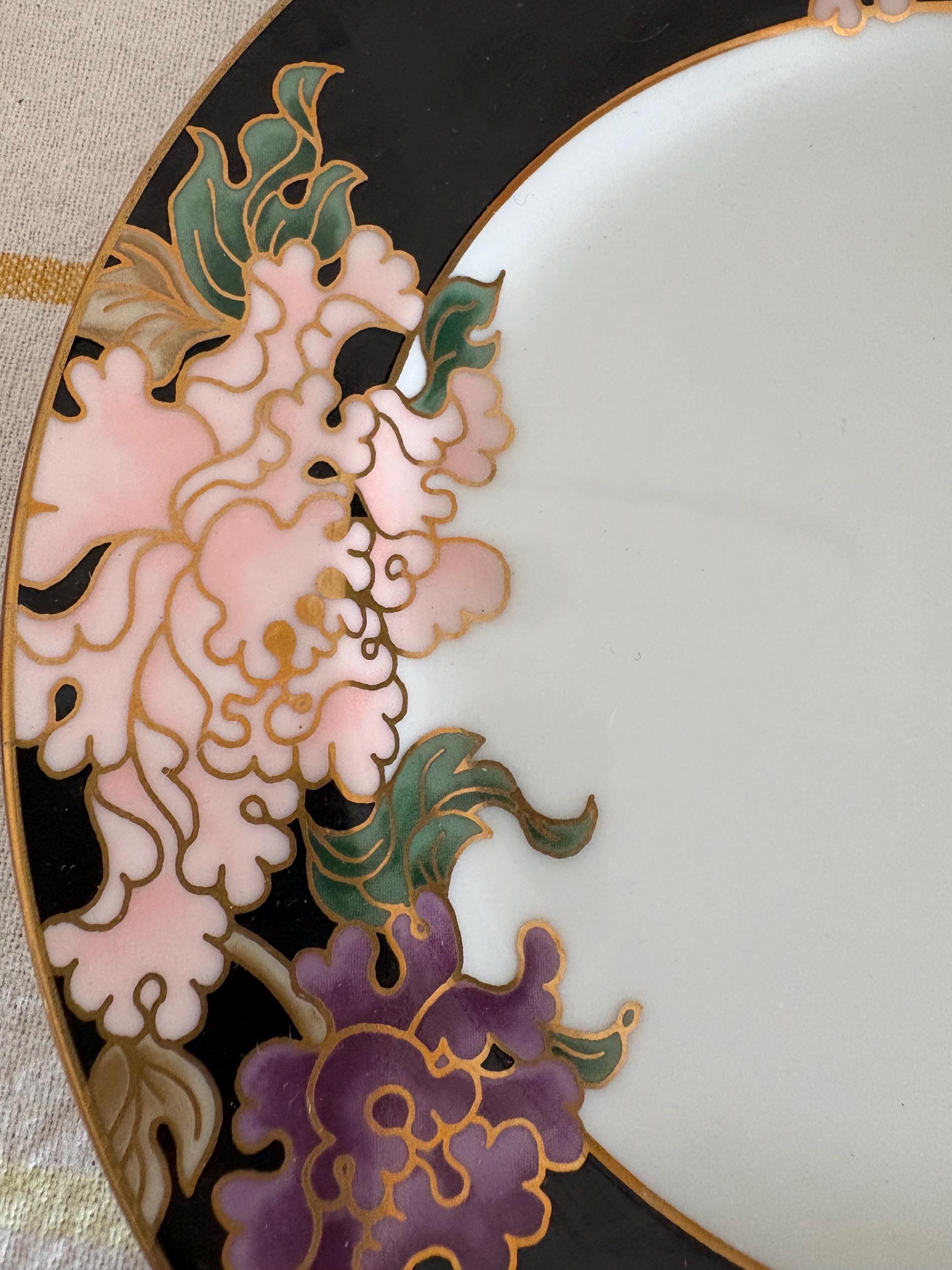 A Pair Of  Gorgeous Japanese Porcelain Fitz And Floyd Cloisonne Peony 6.5"  Side Plate  Black And Pink Border And Gold Detailing