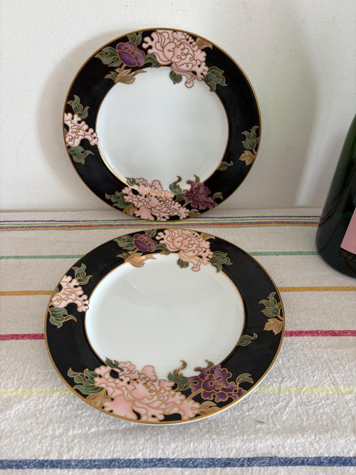 A Pair Of  Gorgeous Japanese Porcelain Fitz And Floyd Cloisonne Peony 6.5"  Side Plate  Black And Pink Border And Gold Detailing