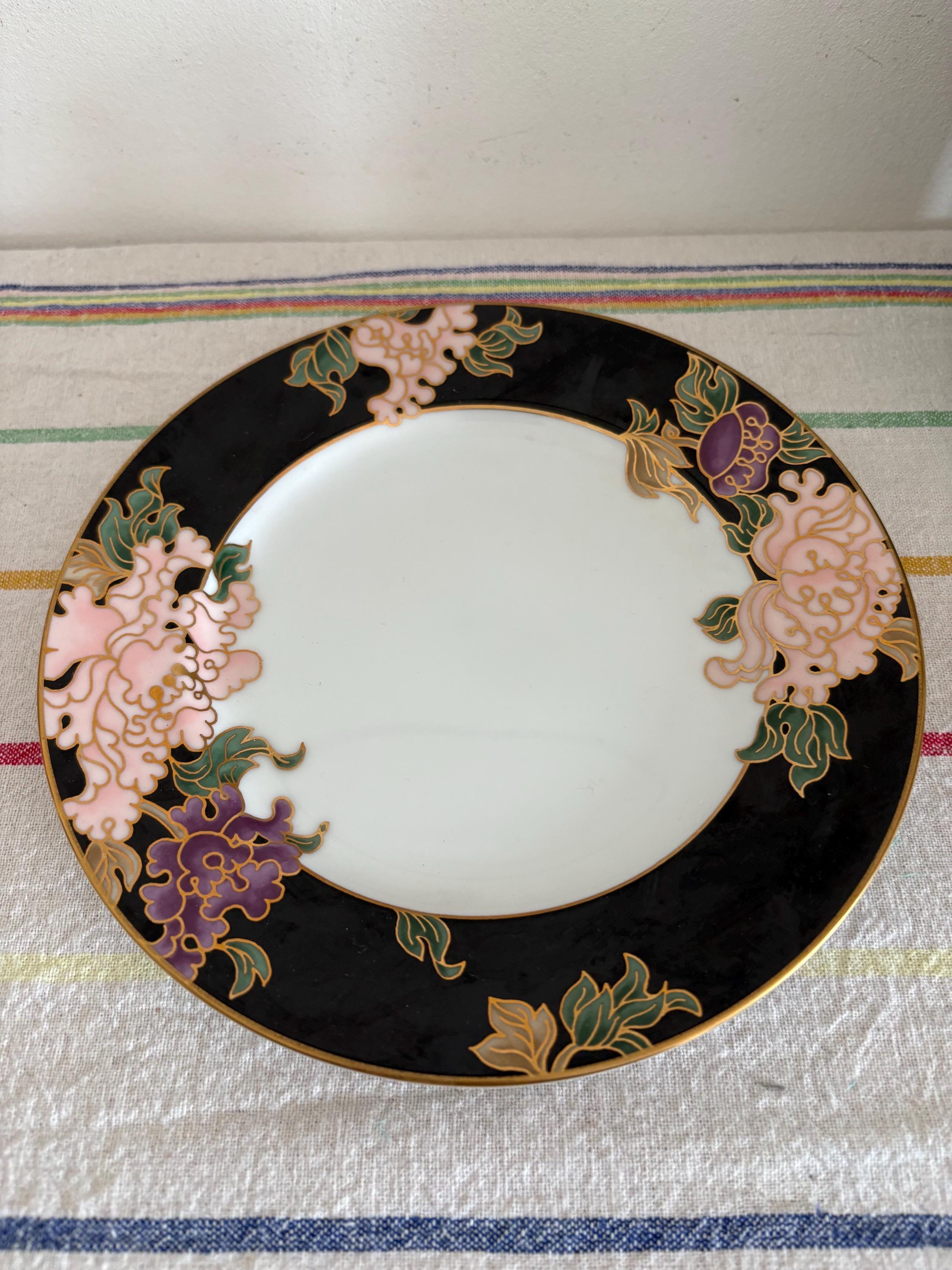 A Pair Of  Gorgeous Japanese Porcelain Fitz And Floyd Cloisonne Peony 6.5"  Side Plate  Black And Pink Border And Gold Detailing