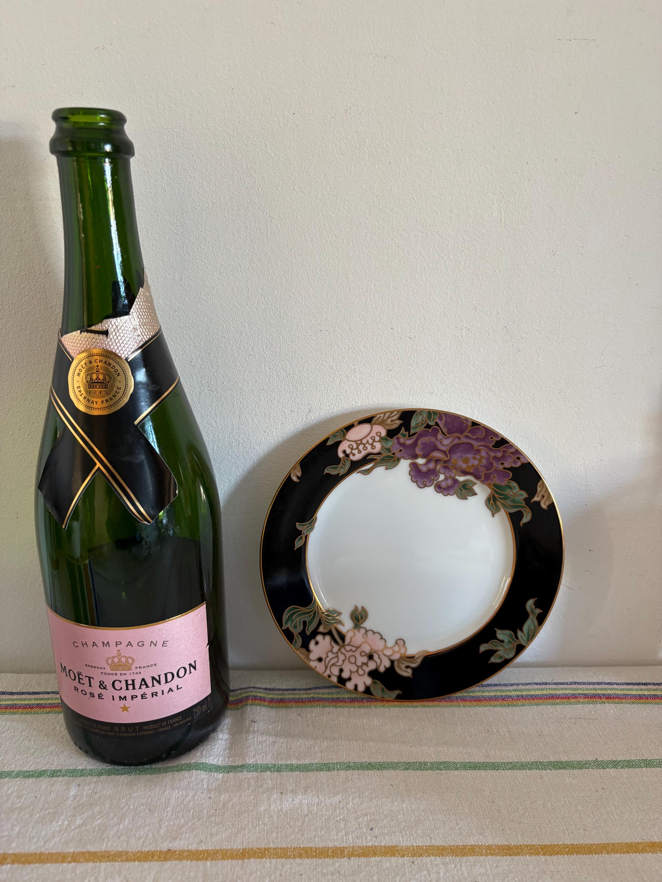 A Pair Of  Gorgeous Japanese Porcelain Fitz And Floyd Cloisonne Peony 6.5"  Side Plate  Black And Pink Border And Gold Detailing