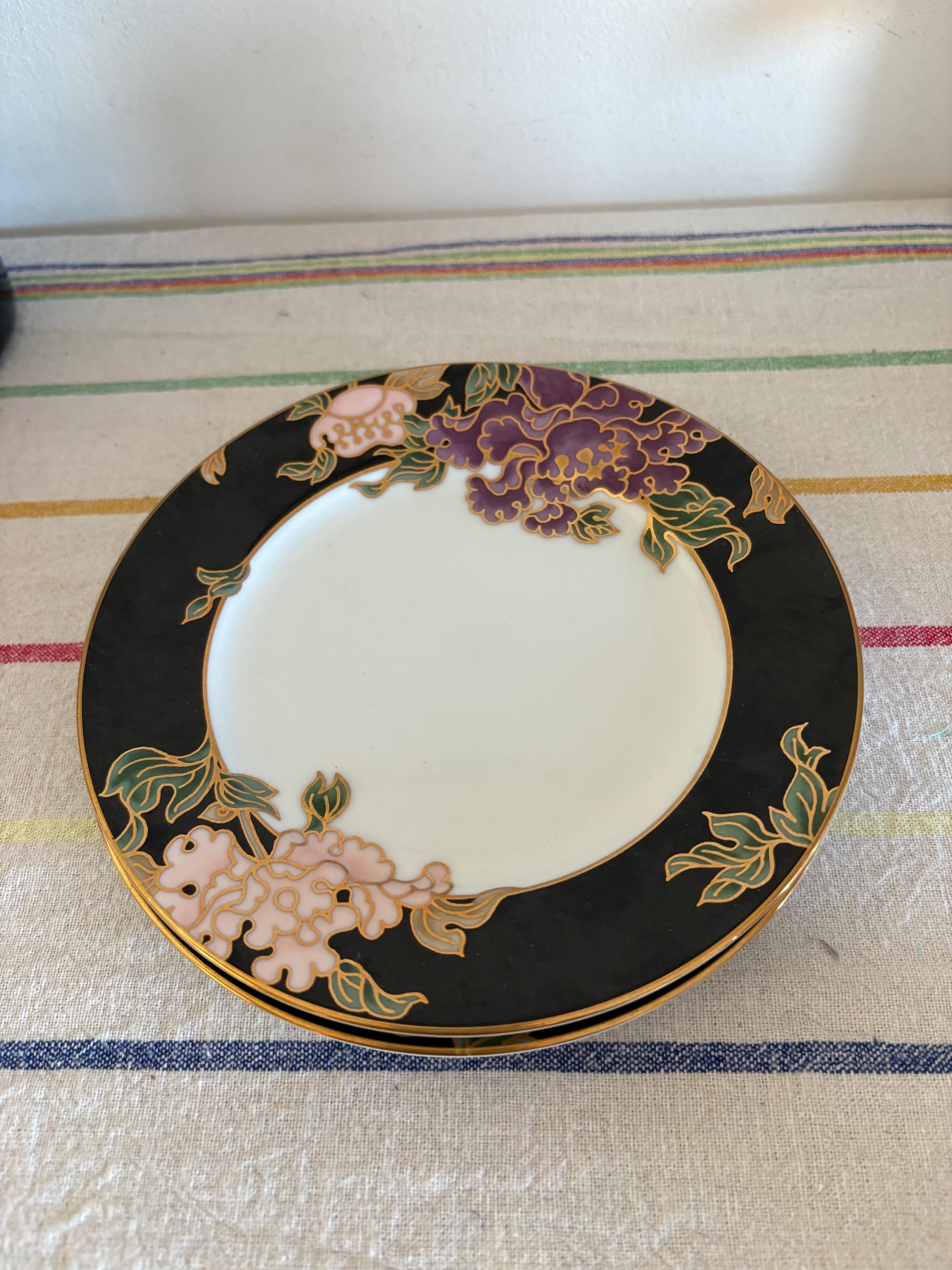 A Pair Of  Gorgeous Japanese Porcelain Fitz And Floyd Cloisonne Peony 6.5"  Side Plate  Black And Pink Border And Gold Detailing