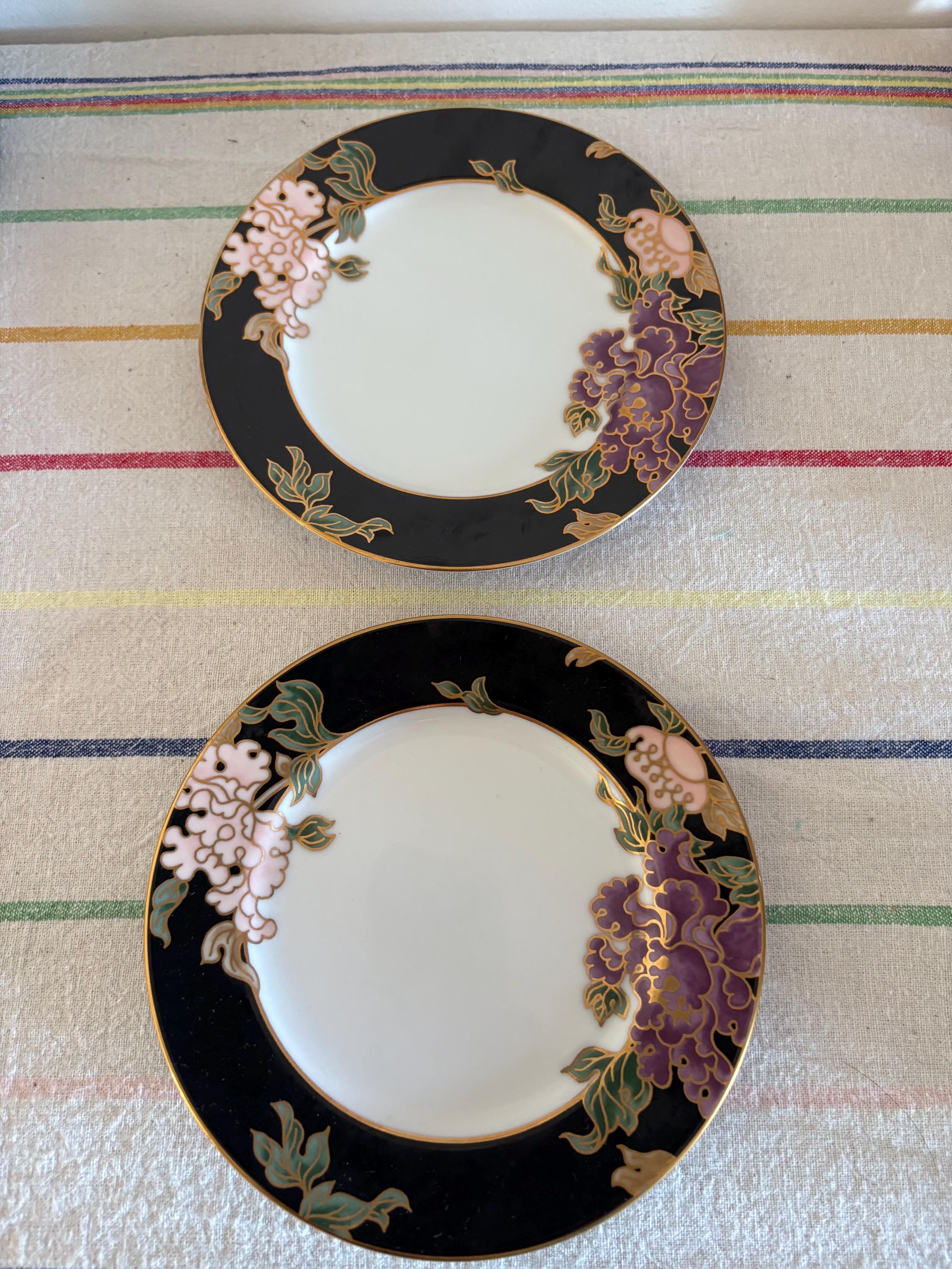 A Pair Of  Gorgeous Japanese Porcelain Fitz And Floyd Cloisonne Peony 6.5"  Side Plate  Black And Pink Border And Gold Detailing