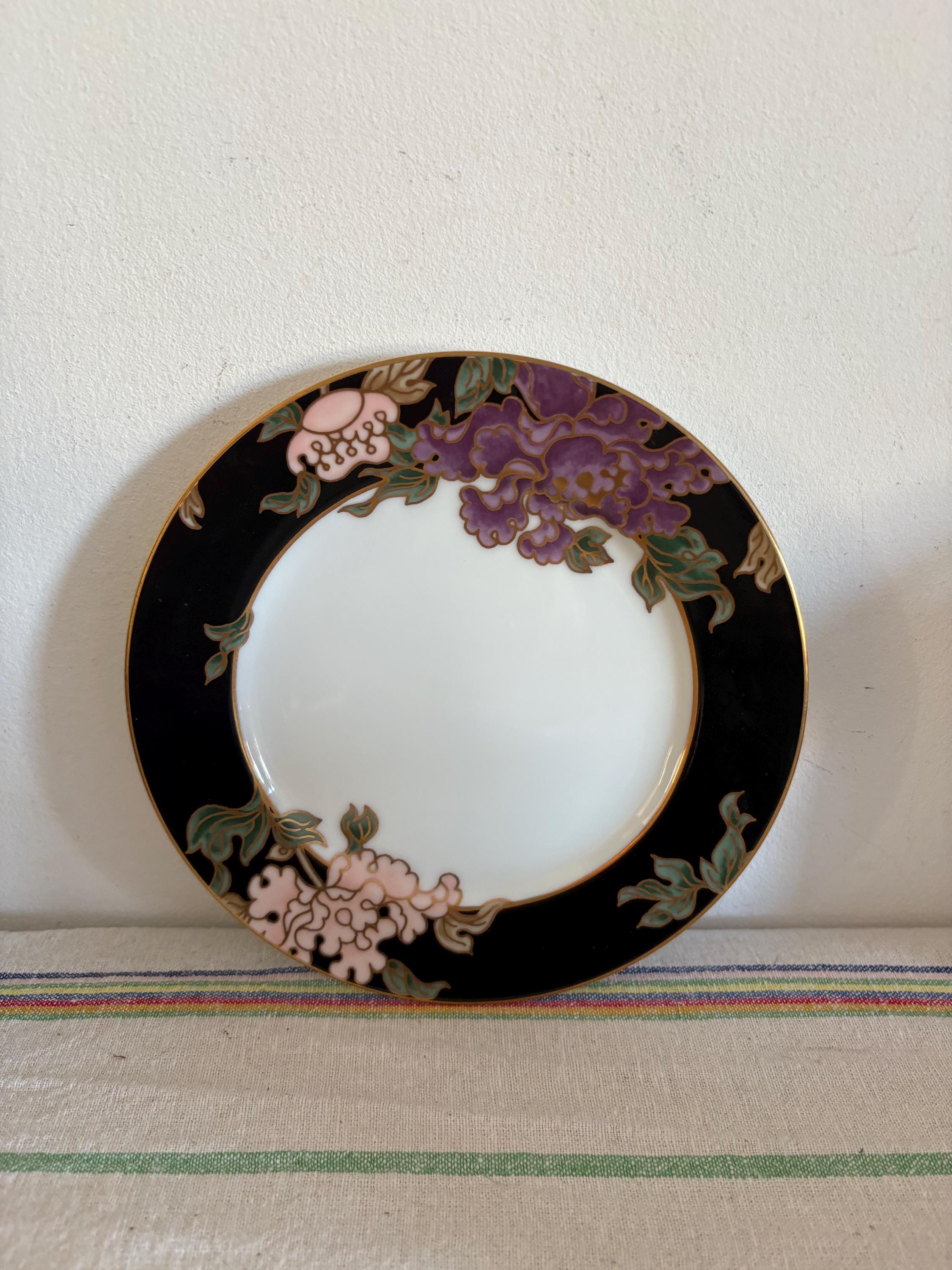 A Pair Of  Gorgeous Japanese Porcelain Fitz And Floyd Cloisonne Peony 6.5"  Side Plate  Black And Pink Border And Gold Detailing