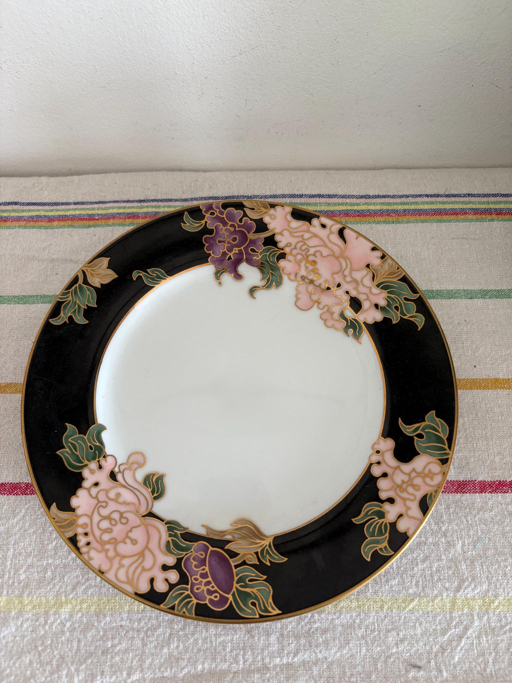 A Pair Of  Gorgeous Japanese Porcelain Fitz And Floyd Cloisonne Peony 6.5"  Side Plate  Black And Pink Border And Gold Detailing