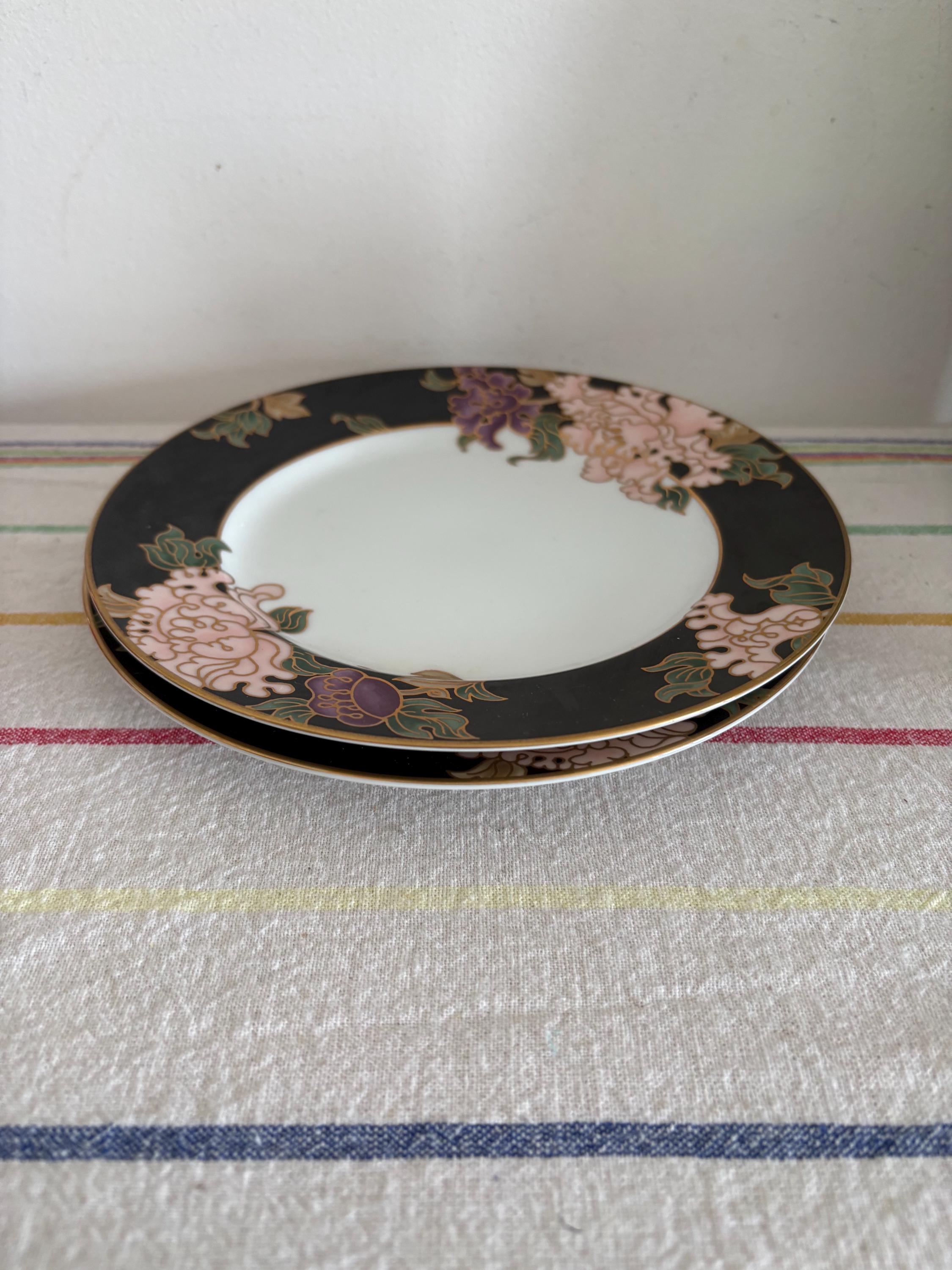 A Pair Of  Gorgeous Japanese Porcelain Fitz And Floyd Cloisonne Peony 6.5"  Side Plate  Black And Pink Border And Gold Detailing
