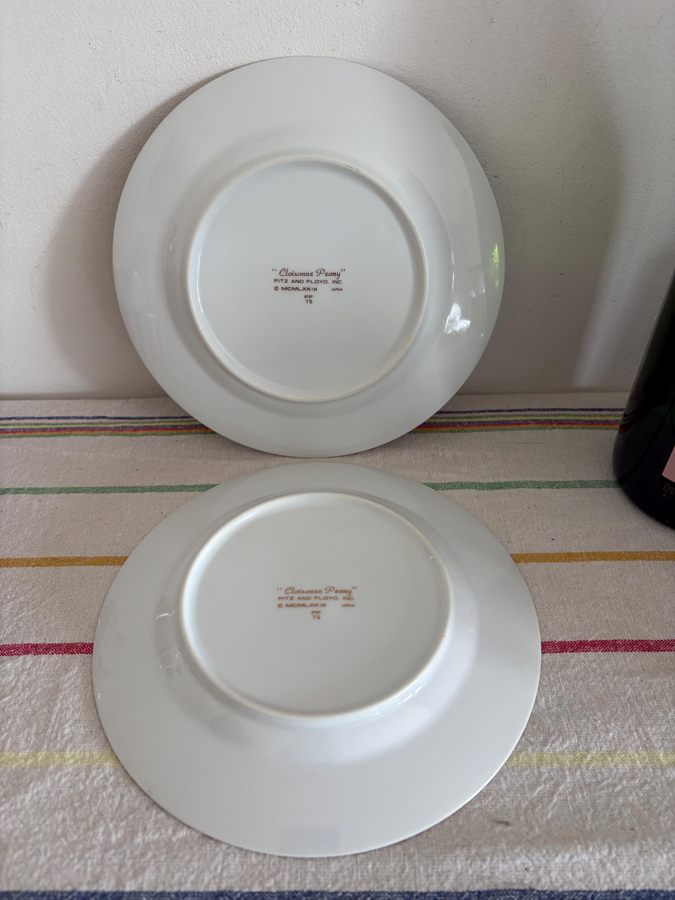 A Pair Of  Gorgeous Japanese Porcelain Fitz And Floyd Cloisonne Peony 6.5"  Side Plate  Black And Pink Border And Gold Detailing