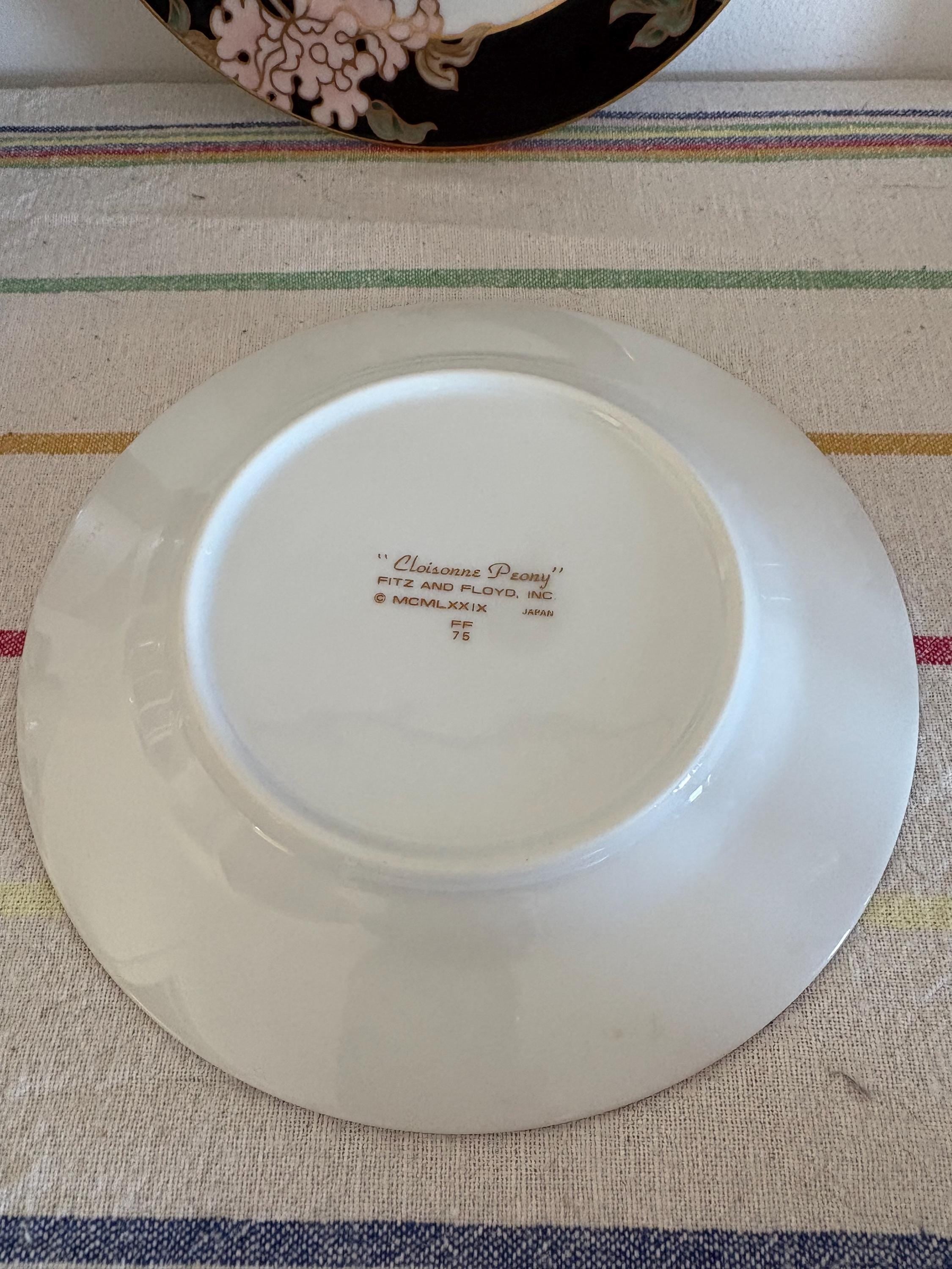 A Pair Of  Gorgeous Japanese Porcelain Fitz And Floyd Cloisonne Peony 6.5"  Side Plate  Black And Pink Border And Gold Detailing